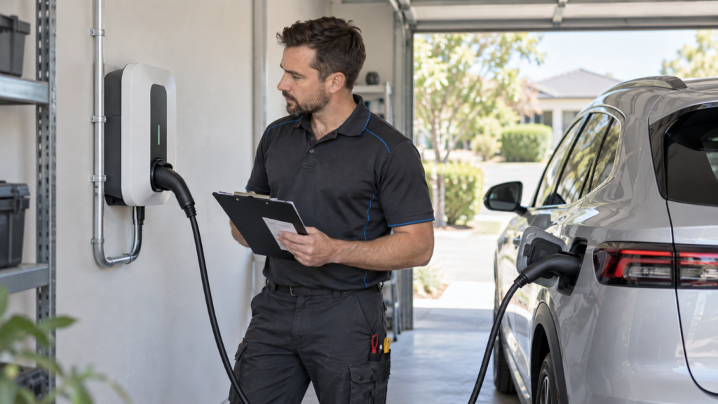 Electrician inspecting a wall-mounted home EV charger connected to an electric vehicle in a Sydney residential garage.