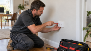 Adelaide electrician installing a new double power point on an interior wall of a residential home.