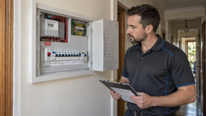 Electrician inspecting a modern residential switchboard with circuit breakers and safety switches in a Melbourne home.