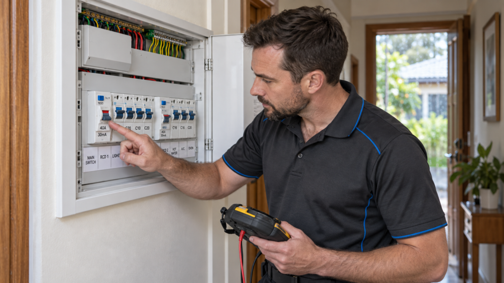 Brisbane electrician inspecting a tripped safety switch in a residential switchboard while diagnosing an electrical fault.